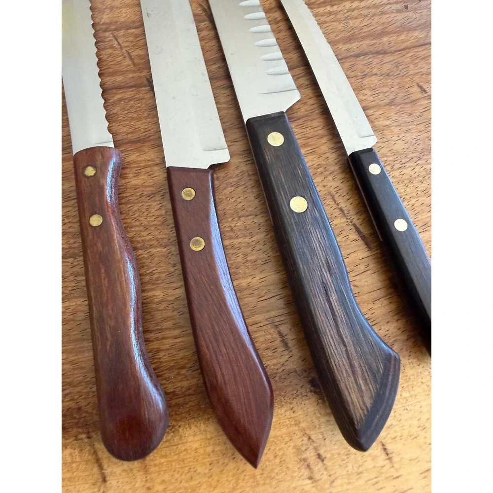 Vintage Ekco Flint Eterna Knife 4pc Stainless Wood Handle USA Slicer Serrated